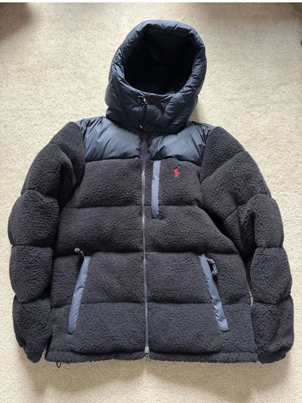Ralph Lauren Gorham Black Sherpa Puffer Coat with Hood and Quilted Accents